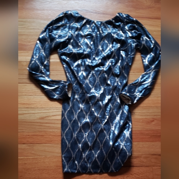 Dress the Population Long Sleeve Sequin Blue & Gold Women's Medium Deep V BACK - Picture 6 of 11